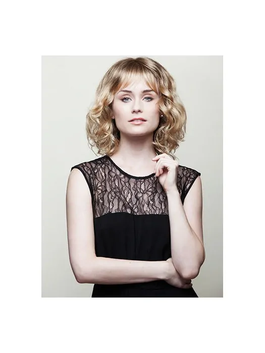 10 inch Curly Blonde With Bangs Medium Wigs