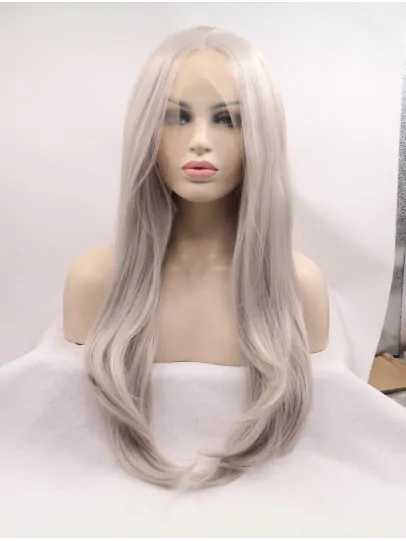 Long Wavy Without Bangs Grey Lace Front 25 inch Synthetic Wigs
