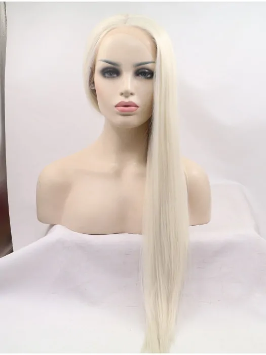 Without Bangs Long Straight Grey Lace Front 28 inch Synthetic Wigs