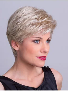 Straight Platinum Blonde Layered 8 inch Capless Synthetic Short Wigs For Sale