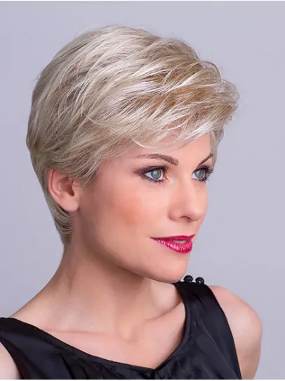 Straight Platinum Blonde Layered 8 inch Capless Synthetic Short Wigs For Sale