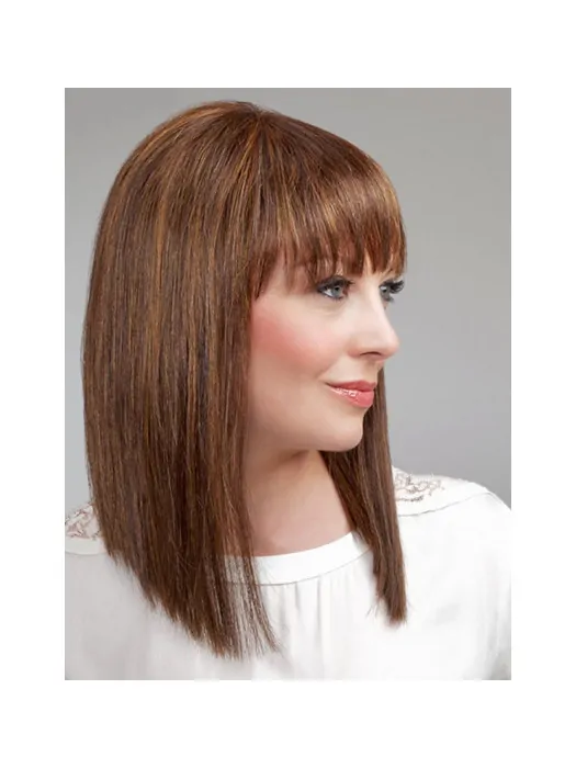 14 inch Brown Shoulder Length With Bangs Straight Synthetic Wigs