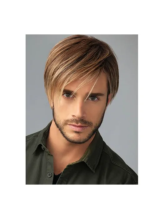 8 inch Straight Brown With Bangs Men Wigs