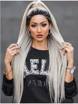 38 inch Lace Front Grey Long Synthetic Without Bangs Wigs