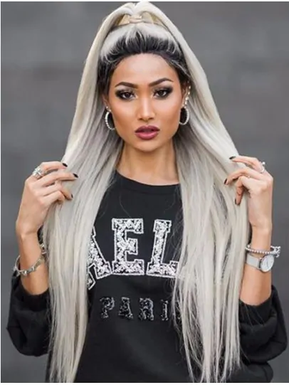 38 inch Lace Front Grey Long Synthetic Without Bangs Wigs