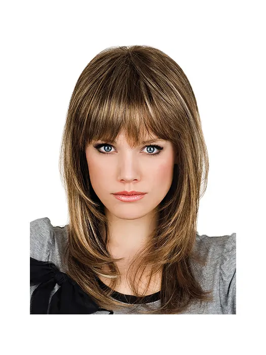 Brown With Bangs Synthetic 14 inch Straight Medium Wigs
