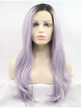 Long Purple Without Bangs 24 inch Lace Front Wavy Synthetic Wigs
