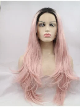 Long Pink Layered 26 inch Lace Front Wavy Synthetic Wigs