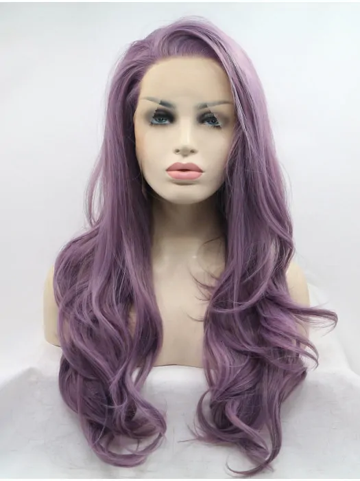 Long Purple Layered 26 inch Lace Front Wavy Synthetic Wigs