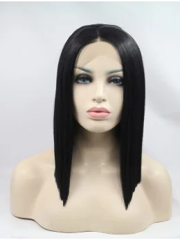 Shoulder Length Black Without Bangs 11 inch Lace Front Straight Synthetic Wigs