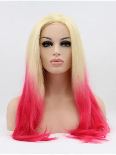 Long Ombre/2 Tone Without Bangs 23 inch Lace Front Straight Synthetic Wigs