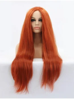 Long Auburn Without Bangs 32 inch Lace Front Straight Synthetic Wigs