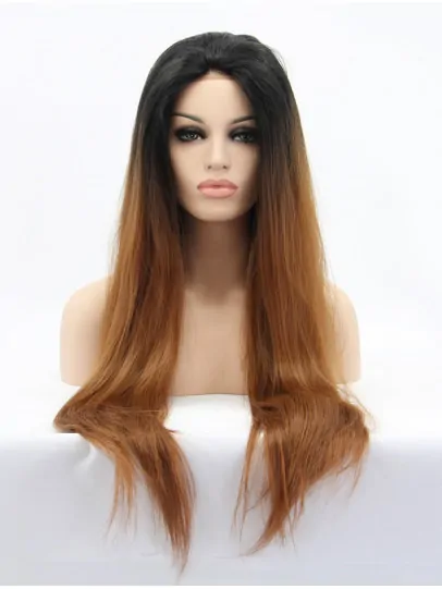 Long Ombre/2 Tone Without Bangs 30 inch Lace Front Straight Synthetic Wigs