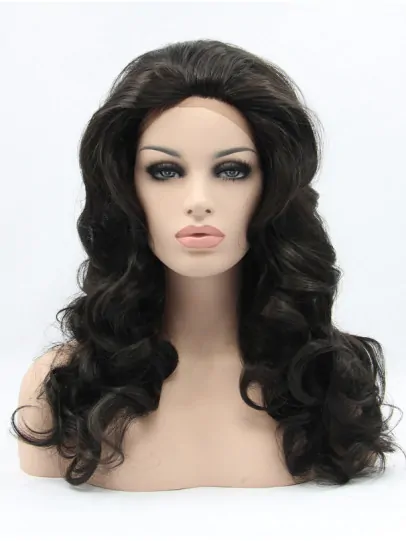 Shoulder Length Black Without Bangs 17 inch Lace Front Wavy Synthetic Wigs