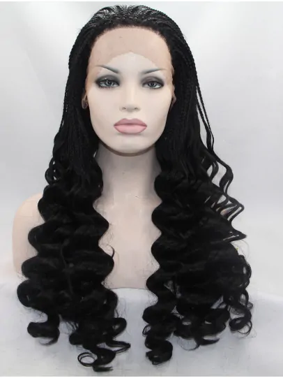 Long Black Without Bangs 24 inch Lace Front Wavy Synthetic Wigs