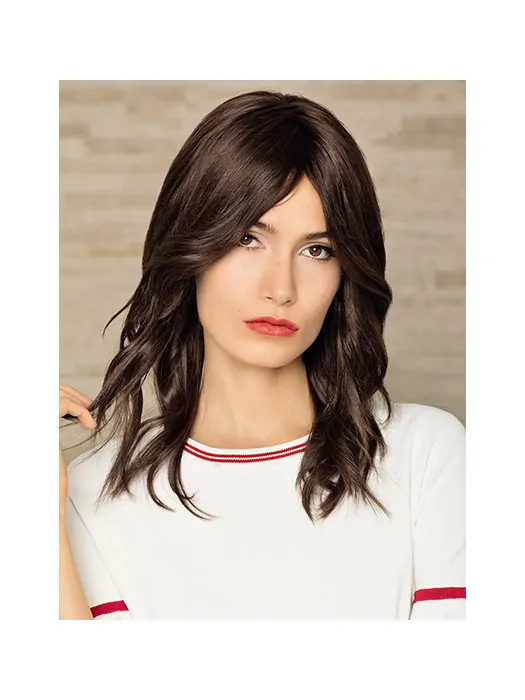Brown Without Bangs Remy Human Hair 14 inch Wavy Womans Wigs Medium