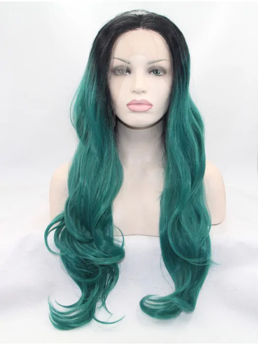 28 inch Wavy Green Layered Synthetic Lace Front Long Wigs