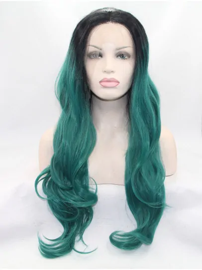 28 inch Wavy Green Layered Synthetic Lace Front Long Wigs