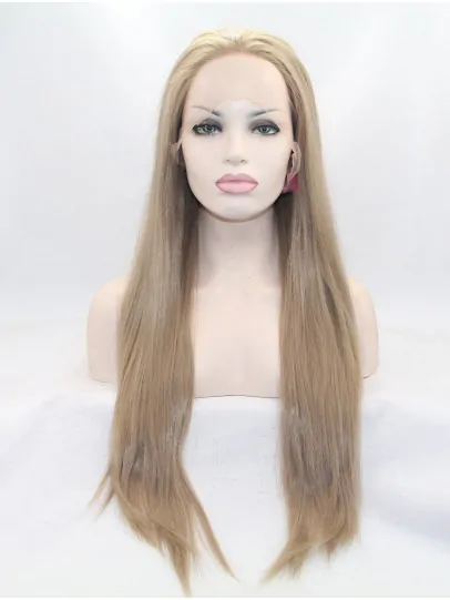 28 inch Straight Brown Layered Synthetic Lace Front Long Wigs