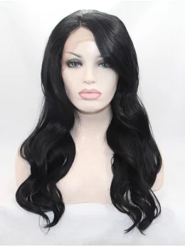 18 inch Wavy Black With Bangs Synthetic Lace Front Long Wigs