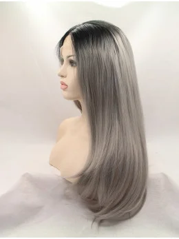 19 inch Straight Grey Layered Synthetic Lace Front Long Wigs