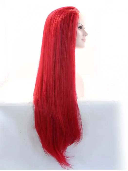 Without Bangs Red 33 inch Straight Long Lace Front Synthetic Wigs