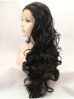Without Bangs Black 28 inch Curly Long Lace Front Synthetic Wigs
