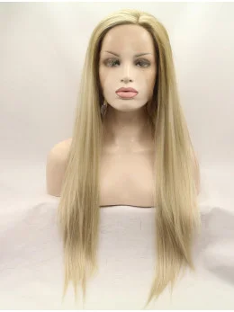 Without Bangs Blonde 26 inch Straight Long Lace Front Synthetic Wigs