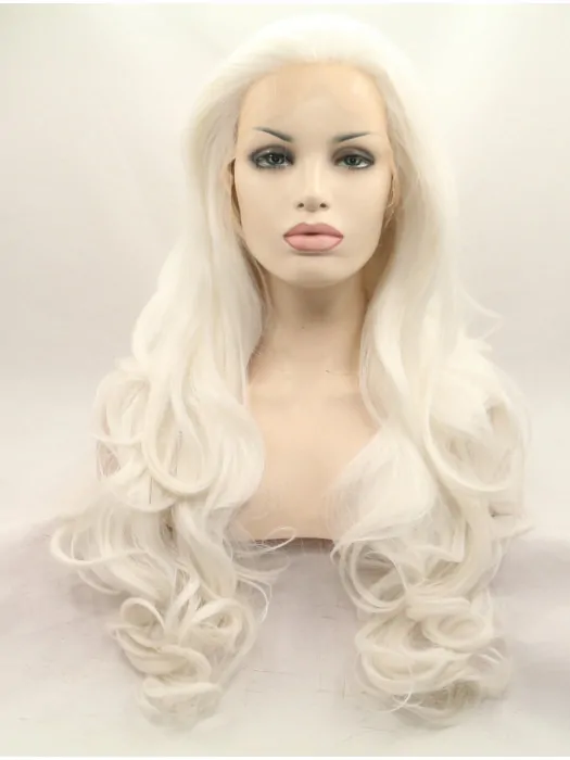Without Bangs White 27 inch Curly Long Lace Front Synthetic Wigs