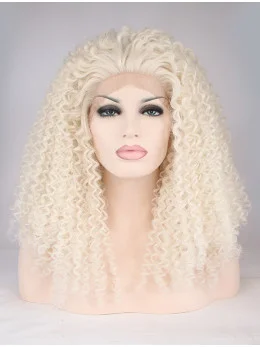 Without Bangs White 18 inch Kinky Long Lace Front Synthetic Wigs