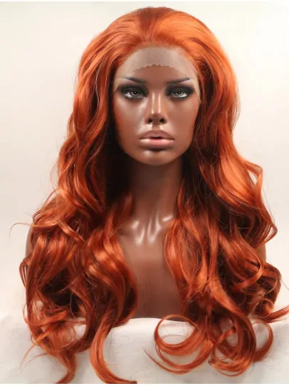 Without Bangs Orange 20 inch Curly Long Lace Front Synthetic Wigs