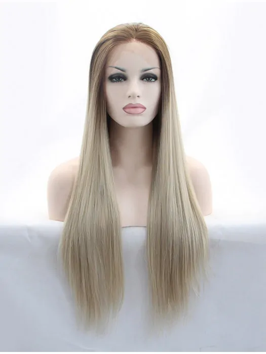 Without Bangs Brown 29 inch Straight Long Lace Front Synthetic Wigs