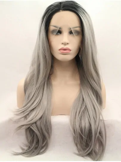 Synthetic Grey 27 inch Straight Lace Front Layered Long Wigs
