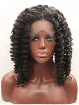 Synthetic Black 15 inch Kinky Lace Front Without Bangs Shoulder Length Wigs