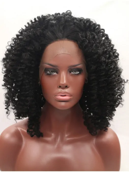 Synthetic Black 14 inch Kinky Lace Front Without Bangs Shoulder Length Wigs