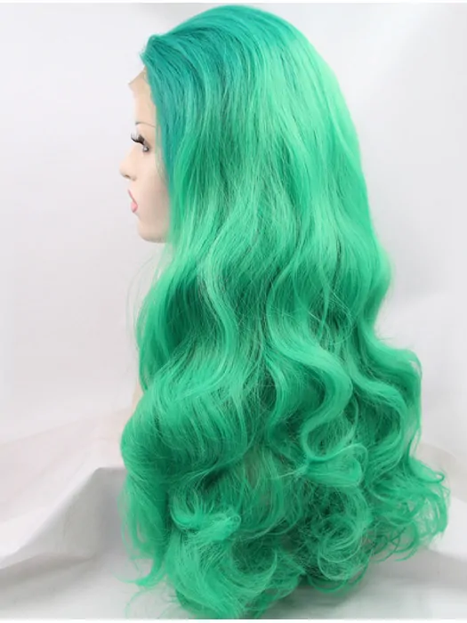 Synthetic Green 26 inch Curly Lace Front Without Bangs Long Wigs