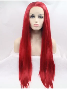 Synthetic Lace Front 32 inch Straight Red Without Bangs Long Wigs