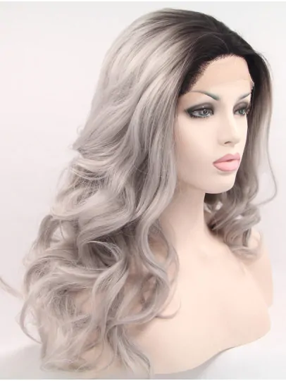 18 inch Curly Grey Without Bangs Synthetic Shoulder Length Lace Front Wigs
