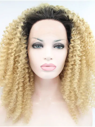 16 inch Kinky Blonde Without Bangs Synthetic Long Lace Front Wigs
