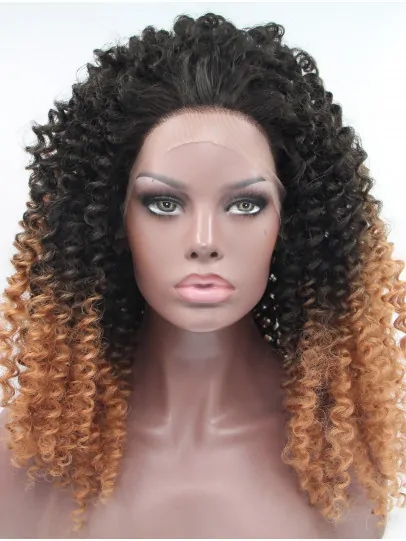 16 inch Kinky Ombre/2 Tone Without Bangs Synthetic Long Lace Front Wigs