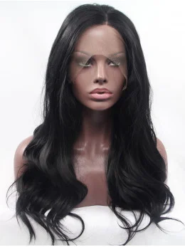 18 inch Wavy Black Without Bangs Synthetic Long Lace Front Wigs