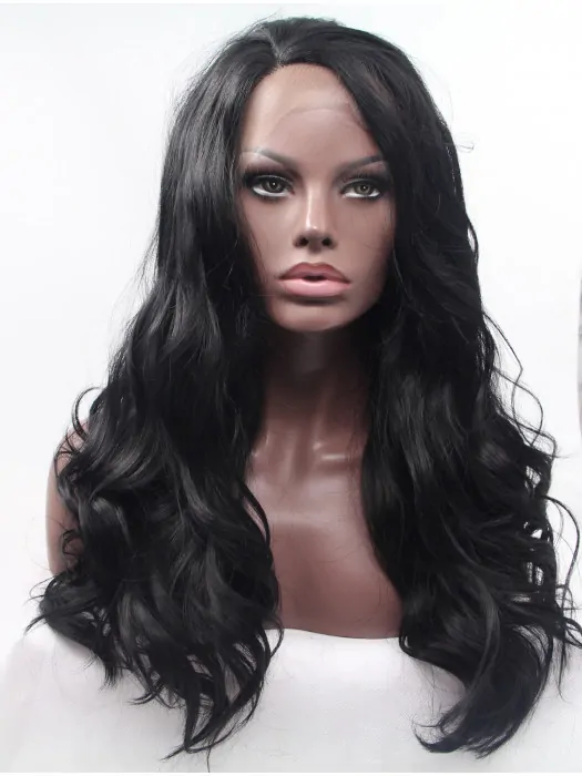 18 inch Curly Black Without Bangs Synthetic Long Lace Front Wigs