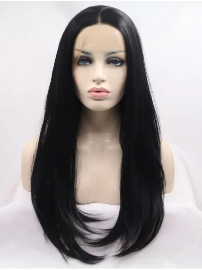 21 inch Straight Black Without Bangs Synthetic Long Lace Front Wigs