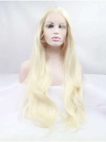 Synthetic Long Blonde Lace Front 28 inch Without Bangs Wavy Wigs