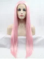 Without Bangs 30 inch Straight Pink Long Lace Front Synthetic Wigs