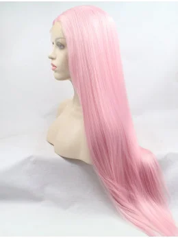 Without Bangs 30 inch Straight Pink Long Lace Front Synthetic Wigs