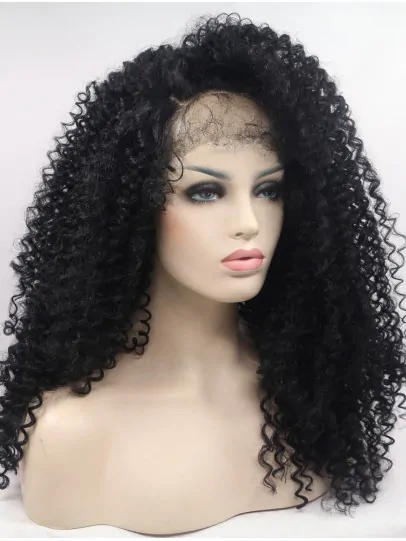 Without Bangs 17 inch Kinky Black Shoulder Length Lace Front Synthetic Wigs