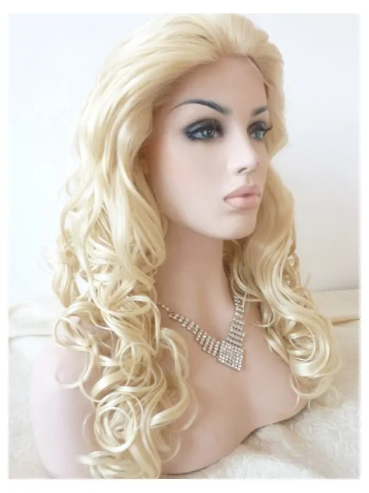Without Bangs 18 inch Curly Blonde Long Lace Front Synthetic Wigs
