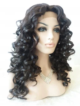 Without Bangs 17 inch Curly Black Shoulder Length Lace Front Synthetic Wigs