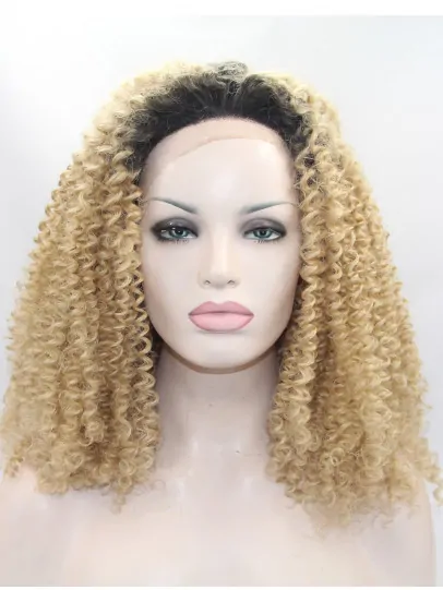 14 inch Kinky Synthetic Ombre/2 Tone Without Bangs Chin Length Lace Front Wigs